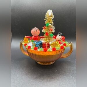 OOAK Christmas Assemblage Decor Vintage Wooden Ornaments and Carnival Glass